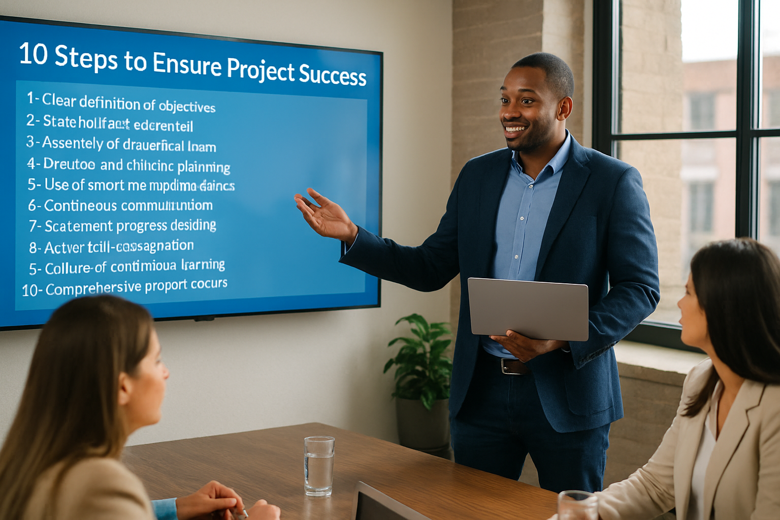 Profissionais em reunião estratégica utilizando ferramentas Microsoft para gestão de projetos e portfólio.