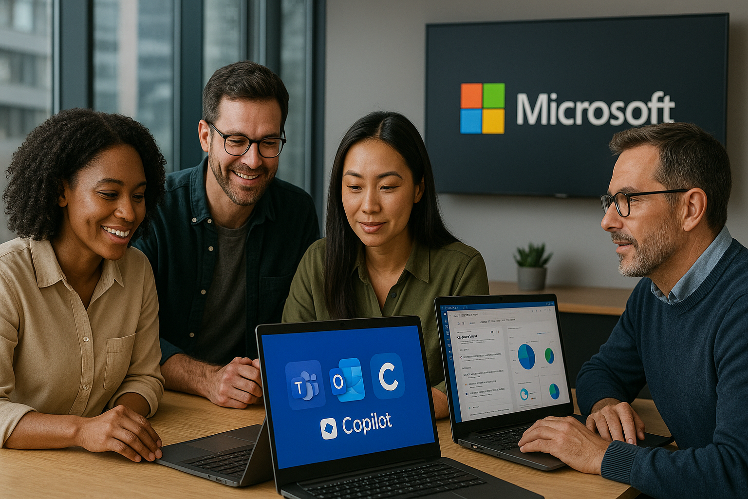 Quatro profissionais em escritório moderno analisando gráficos com o logo da Microsoft, representando colaboração, produtividade e inovação.
