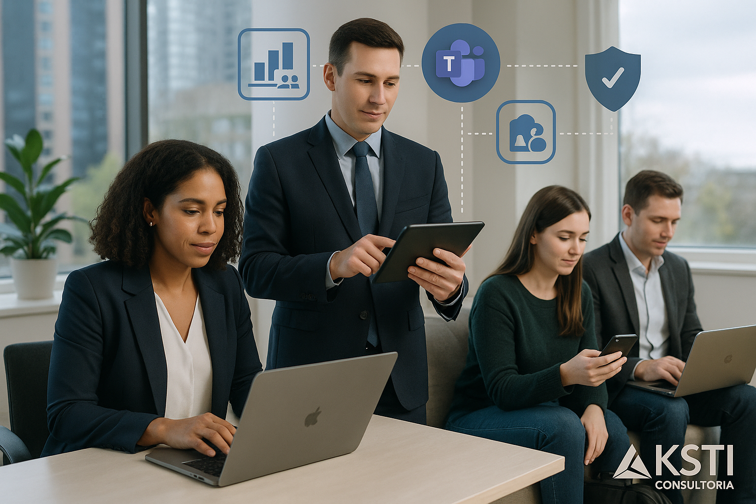Equipe híbrida conectada via Microsoft 365 em diferentes dispositivos, ilustrando colaboração em tempo real, mobilidade, produtividade com automações e segurança corporativa em nuvem com apoio da KSTI Consultoria.