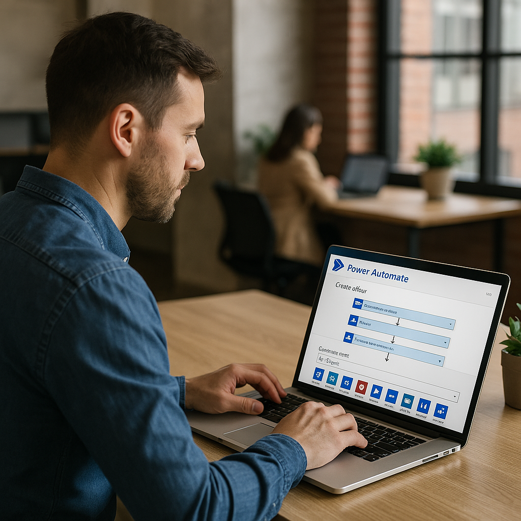 Profissional analisa fluxos automatizados em tempo real com o Microsoft Power Automate, otimizando tarefas repetitivas e elevando a eficiência da equipe.