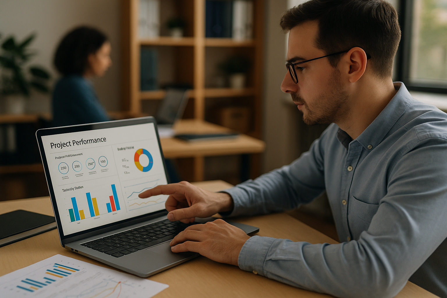Profissional analisa indicadores-chave de desempenho (KPIs) de projetos em um dashboard visual, buscando oportunidades de melhoria e controle estratégico.