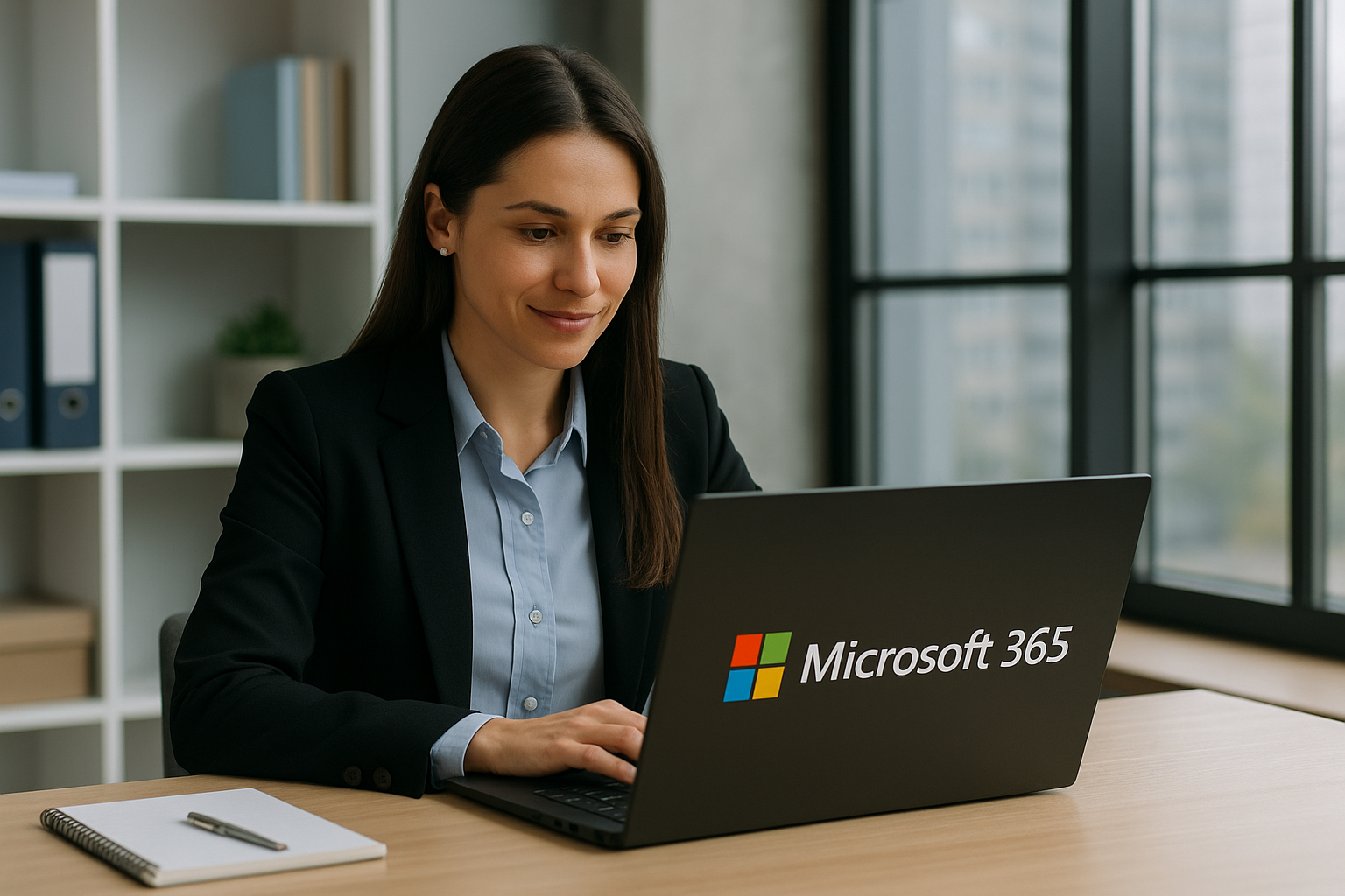 Imagem realista de uma profissional de tecnologia em um ambiente corporativo moderno, analisando dados e utilizando recursos do Microsoft 365 em seu notebook. A cena representa produtividade, transformação digital e uso de soluções em nuvem, simbolizando como empresas podem otimizar seus processos com a KSTI Consultoria como revenda oficial Microsoft.