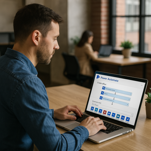 Profissional analisa fluxos automatizados em tempo real com o Microsoft Power Automate, otimizando tarefas repetitivas e elevando a eficiência da equipe.