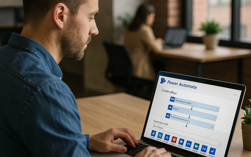 Profissional analisa fluxos automatizados em tempo real com o Microsoft Power Automate, otimizando tarefas repetitivas e elevando a eficiência da equipe.