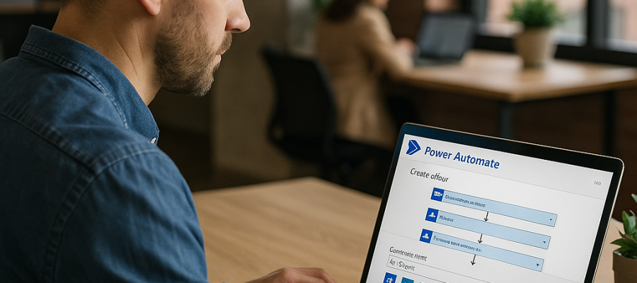 Profissional analisa fluxos automatizados em tempo real com o Microsoft Power Automate, otimizando tarefas repetitivas e elevando a eficiência da equipe.