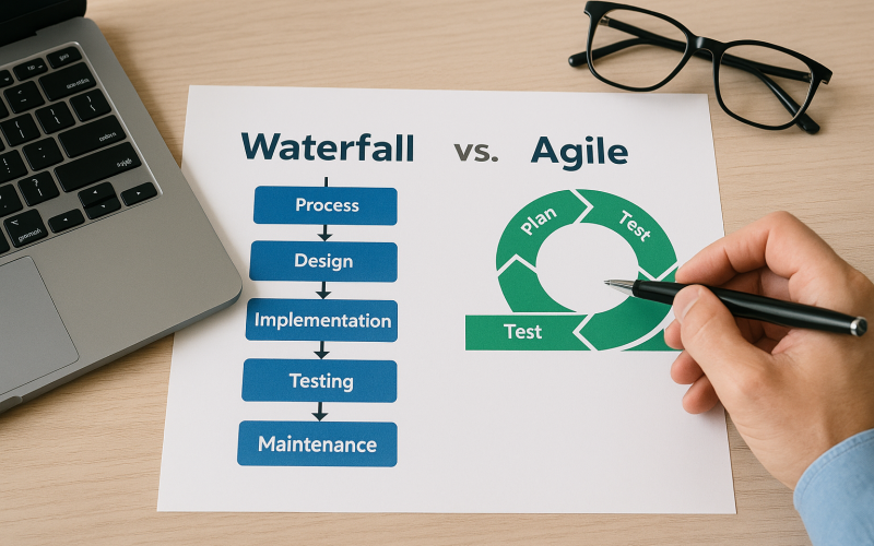 Profissionais analisam lado a lado os modelos Cascata e Ágil em um fluxograma impresso, destacando suas principais diferenças e aplicações práticas.