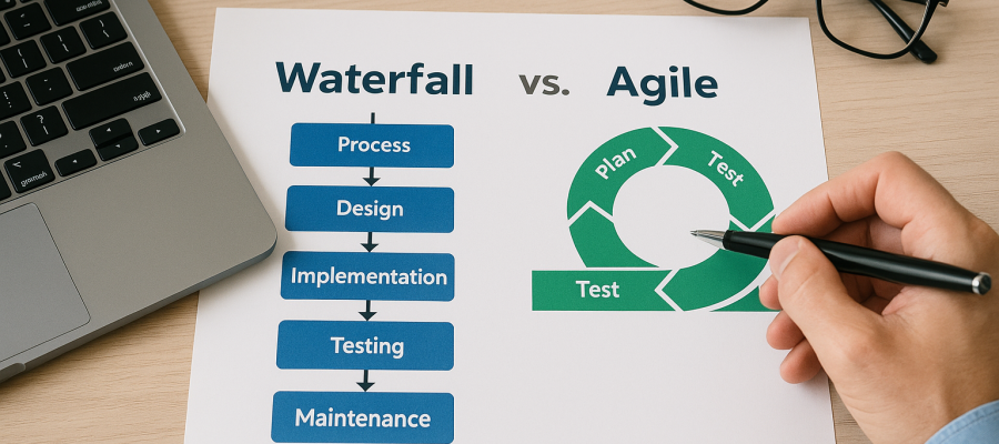 Profissionais analisam lado a lado os modelos Cascata e Ágil em um fluxograma impresso, destacando suas principais diferenças e aplicações práticas.