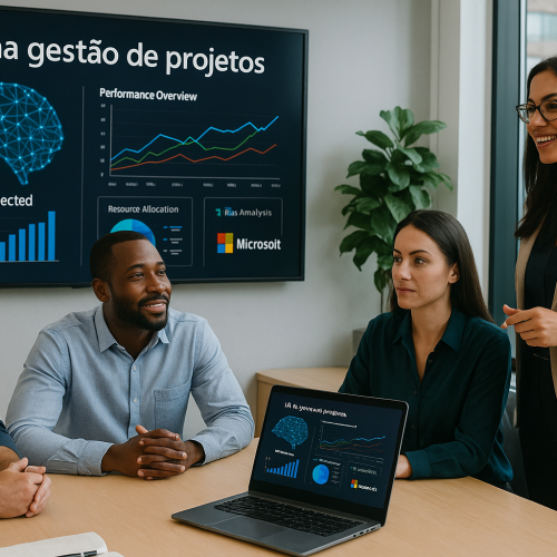 Equipe utilizando IA e soluções Microsoft para melhorar a gestão de projetos e acelerar a transformação digital.