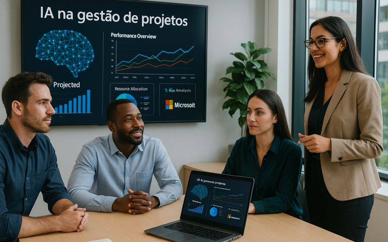 Equipe utilizando IA e soluções Microsoft para melhorar a gestão de projetos e acelerar a transformação digital.
