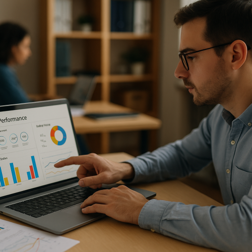 Profissional analisa indicadores-chave de desempenho (KPIs) de projetos em um dashboard visual, buscando oportunidades de melhoria e controle estratégico.