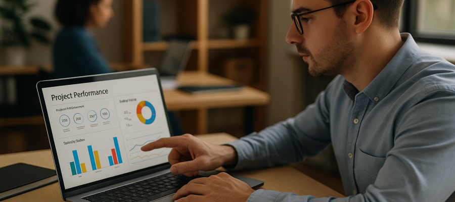 Profissional analisa indicadores-chave de desempenho (KPIs) de projetos em um dashboard visual, buscando oportunidades de melhoria e controle estratégico.