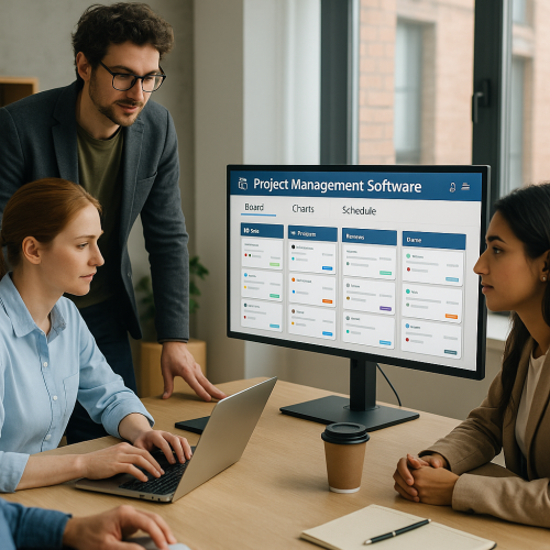 Equipe colaborando com um software de gerenciamento de projetos para aumentar a produtividade e otimizar processos.
