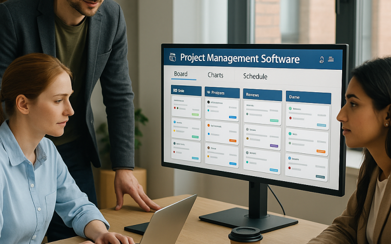 Equipe colaborando com um software de gerenciamento de projetos para aumentar a produtividade e otimizar processos.