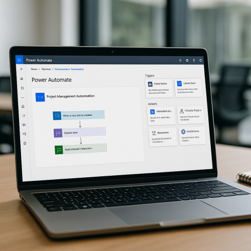 Equipe de projetos utilizando Power Automate para automatizar tarefas e aumentar a produtividade.