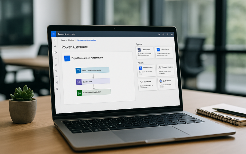 Equipe de projetos utilizando Power Automate para automatizar tarefas e aumentar a produtividade.