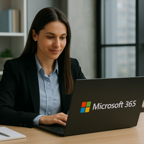 Imagem realista de uma profissional de tecnologia em um ambiente corporativo moderno, analisando dados e utilizando recursos do Microsoft 365 em seu notebook. A cena representa produtividade, transformação digital e uso de soluções em nuvem, simbolizando como empresas podem otimizar seus processos com a KSTI Consultoria como revenda oficial Microsoft.