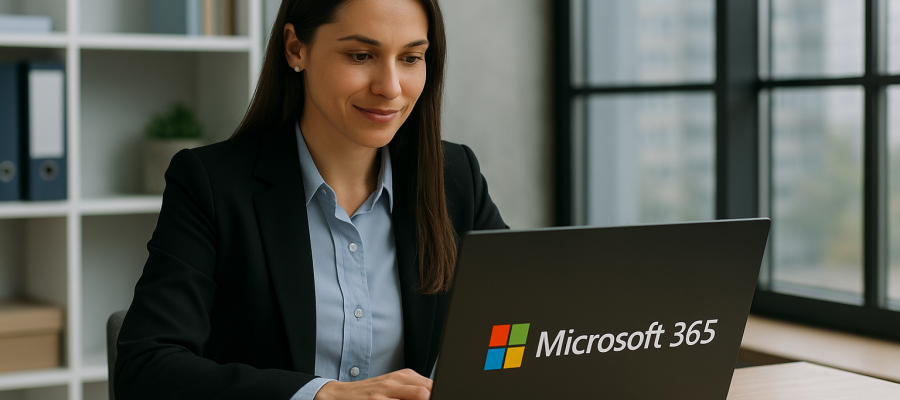 Imagem realista de uma profissional de tecnologia em um ambiente corporativo moderno, analisando dados e utilizando recursos do Microsoft 365 em seu notebook. A cena representa produtividade, transformação digital e uso de soluções em nuvem, simbolizando como empresas podem otimizar seus processos com a KSTI Consultoria como revenda oficial Microsoft.