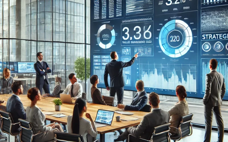 Equipe executiva analisa dados em tempo real para priorizar iniciativas estratégicas com foco em valor de negócio.