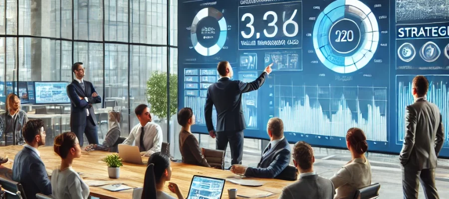 Equipe executiva analisa dados em tempo real para priorizar iniciativas estratégicas com foco em valor de negócio.